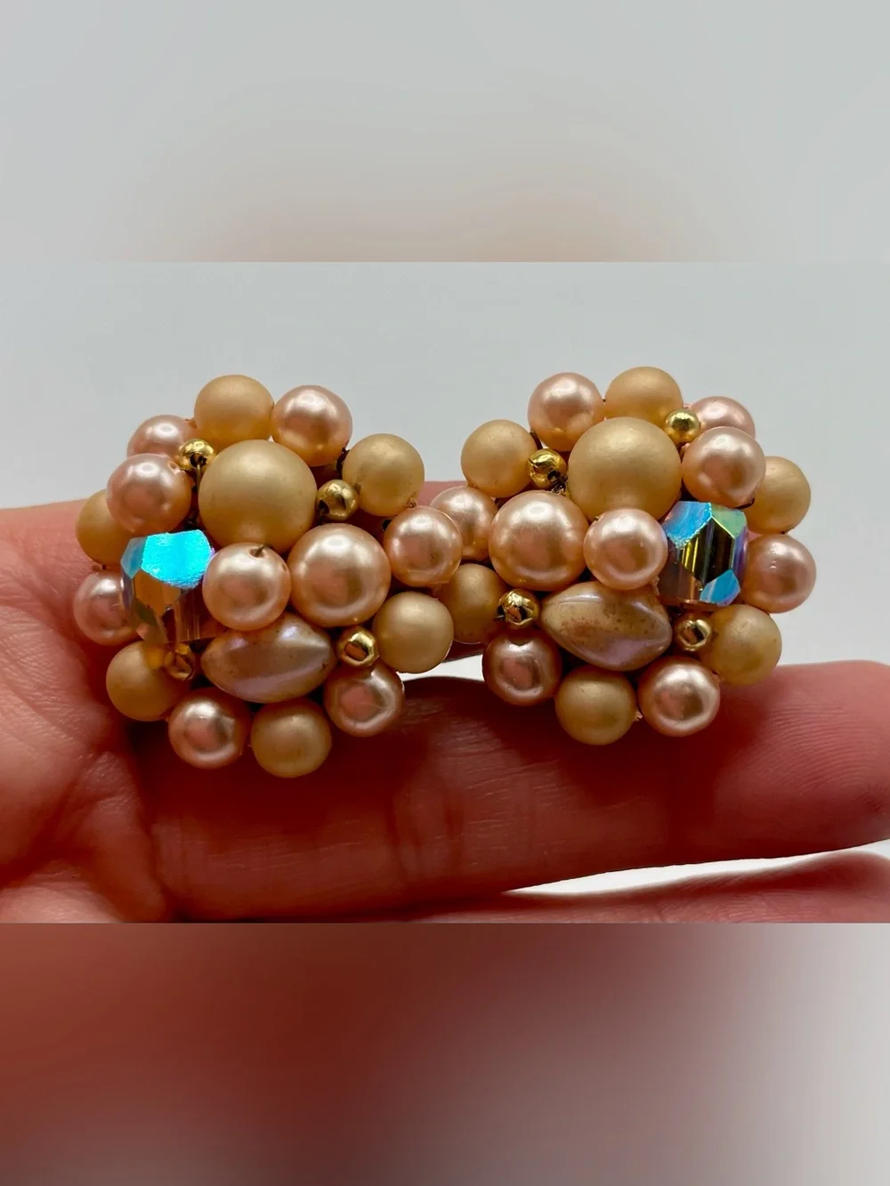 Pearl Cluster Clip-On Earrings in Peach, Cream, and AB Crystal Beads